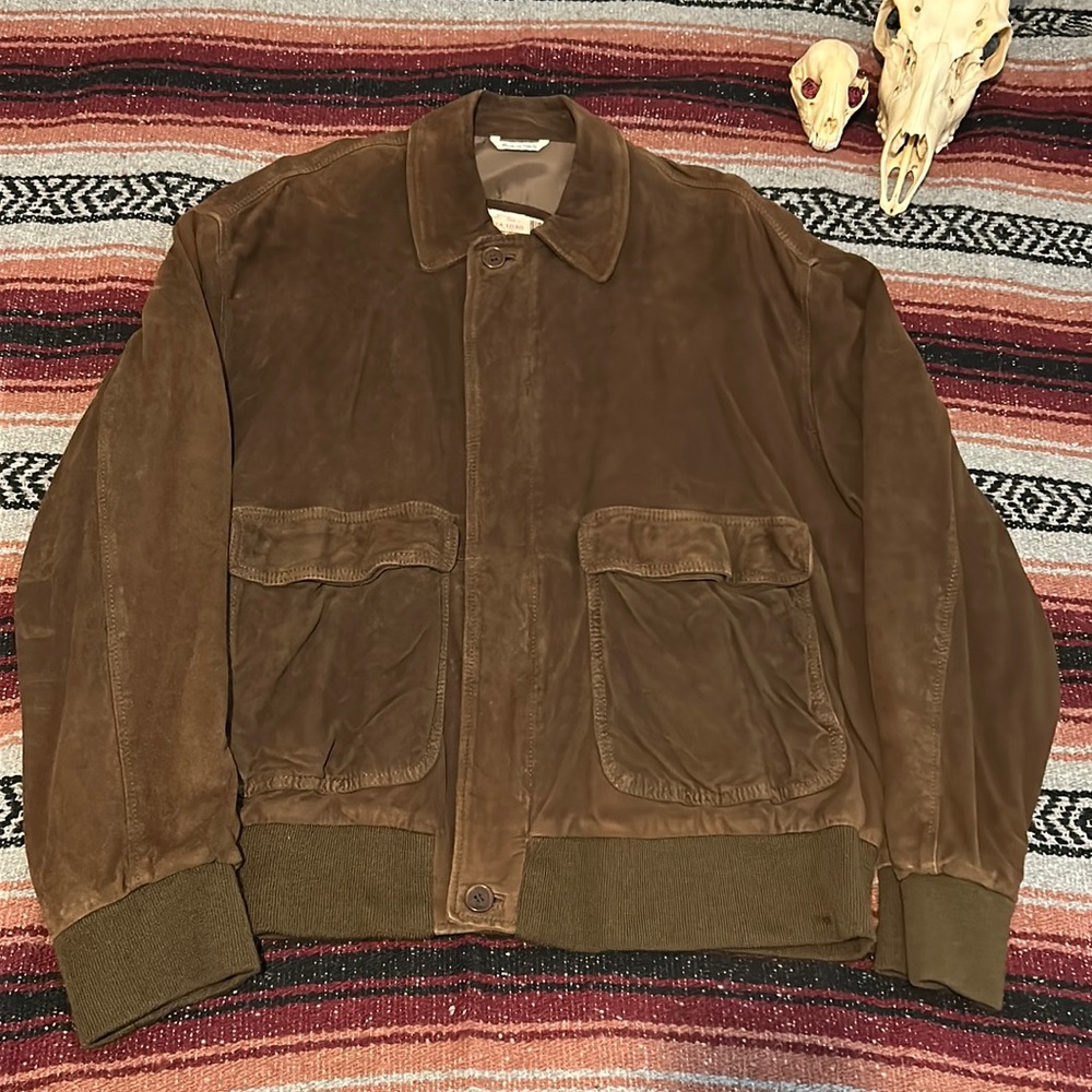 Brown Italian suede leather military/bomber style jacket.